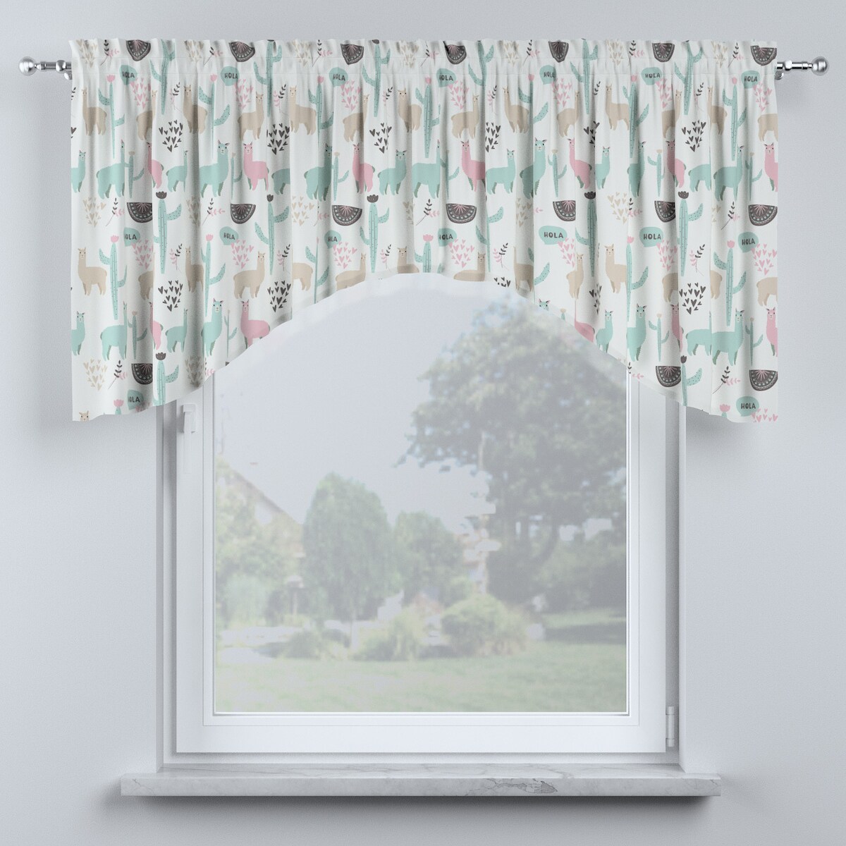 Lambrekin łuk 200x75 pastelowe lamy na jasnoszarym tle