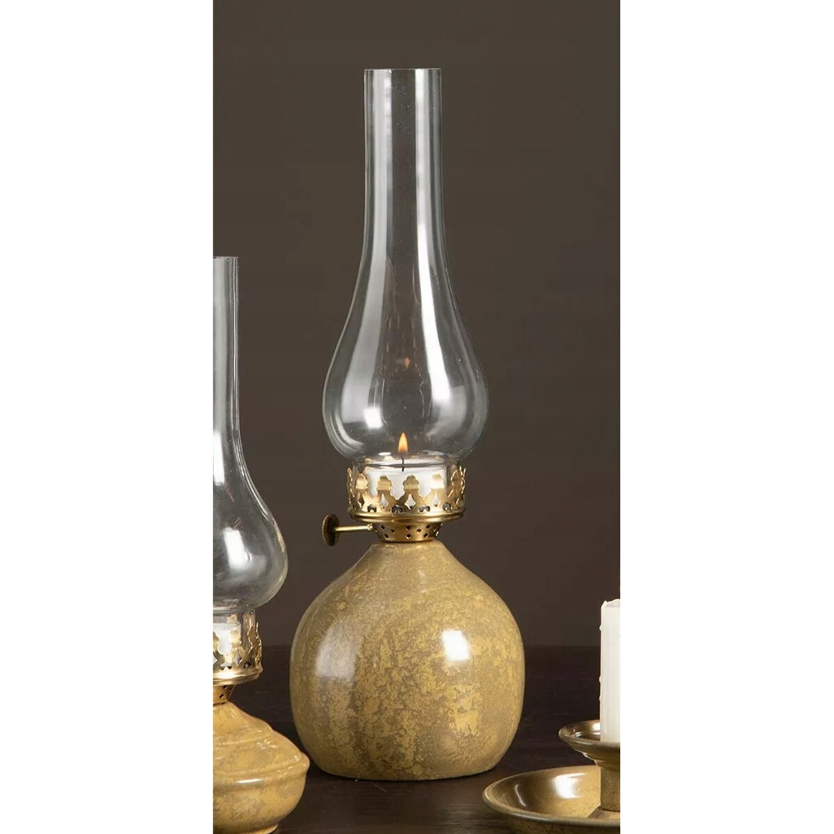 ŚWIECZNIK SZKLANY METALOWY tealight imitacja lampy naftowej żółty 34cm