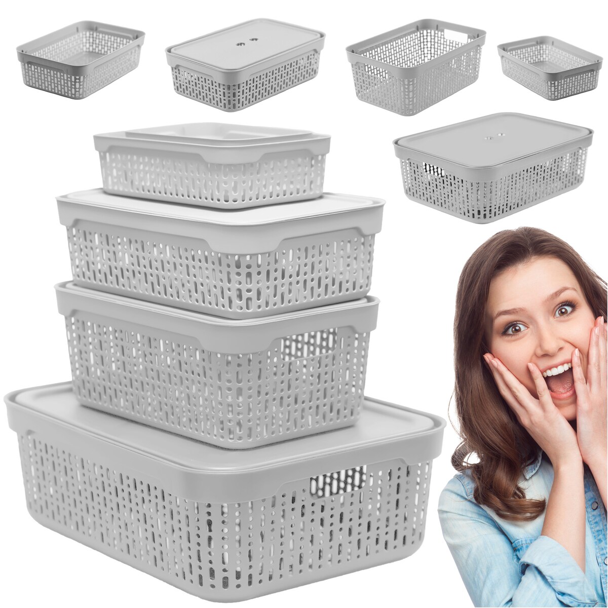 5X Koszyk Koszyczek Ażurowy Plastikowy Na Kosmetyki Do Łazienki Pojemnik Z Pokrywką Zamykany Z Dziurkami Jasnoszary Zestaw