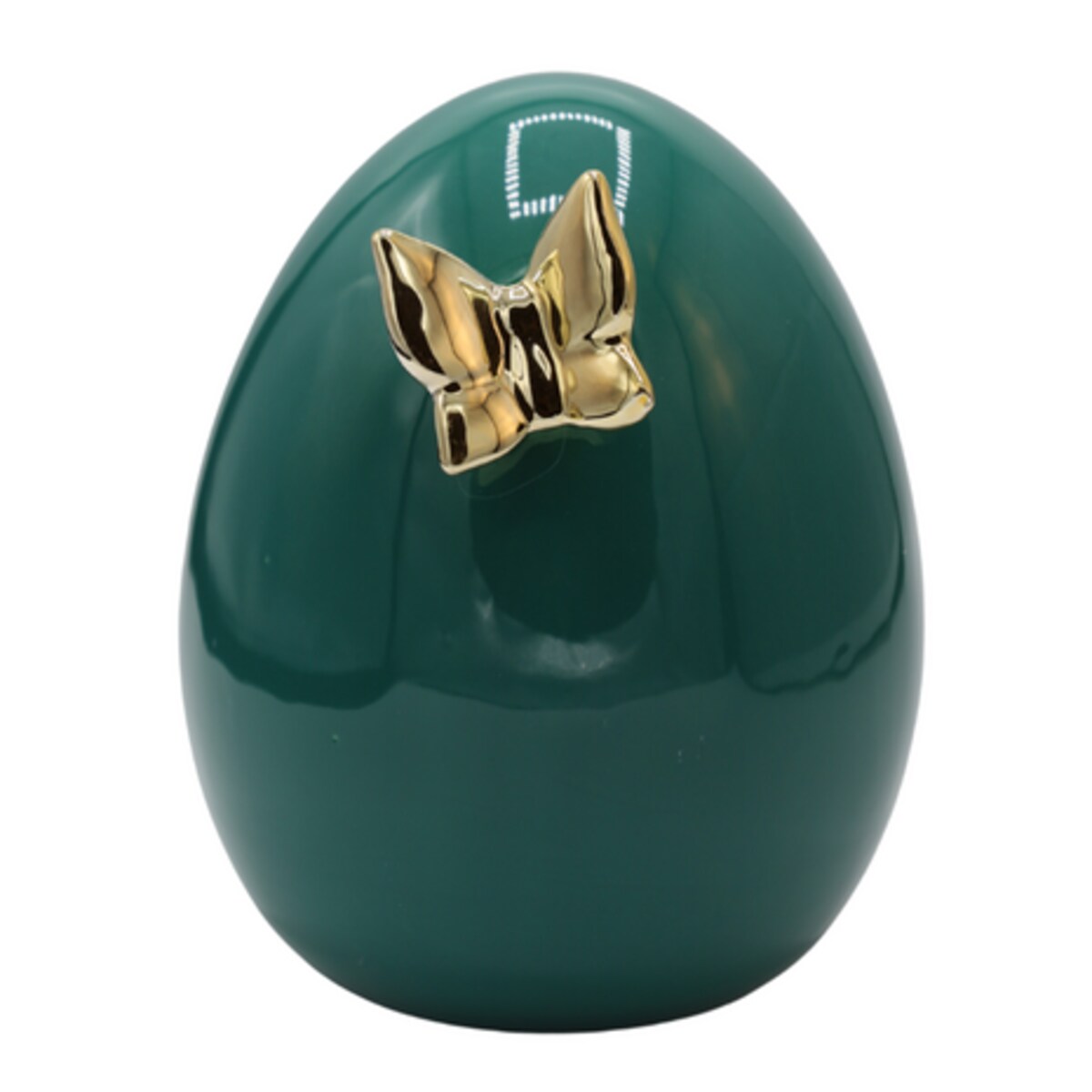 Dekoracja - zielone jajko ceramiczne 17,5x14x14 cm i złoty motylek