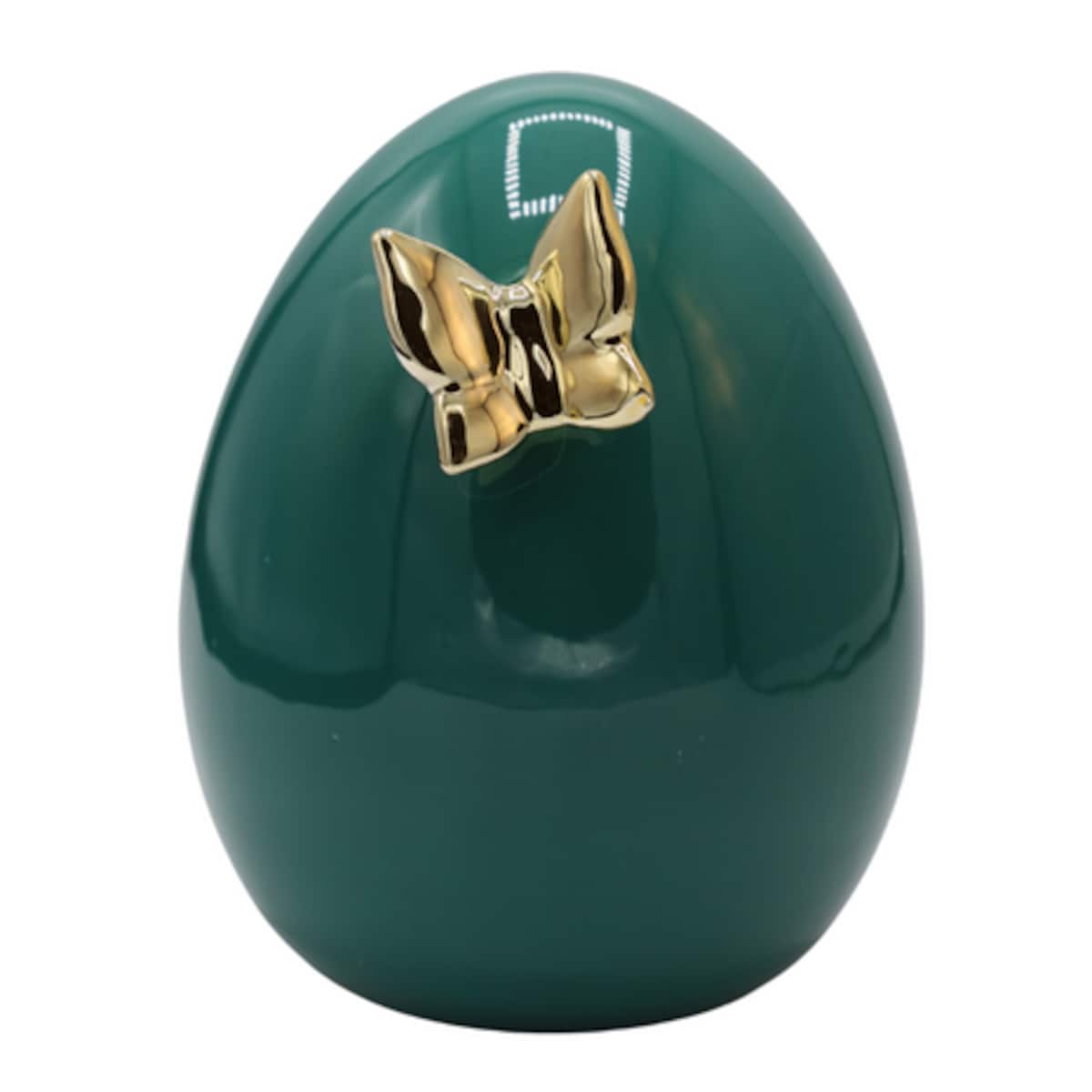 Dekoracja - zielone jajko ceramiczne 17,5x14x14 cm i złoty motylek