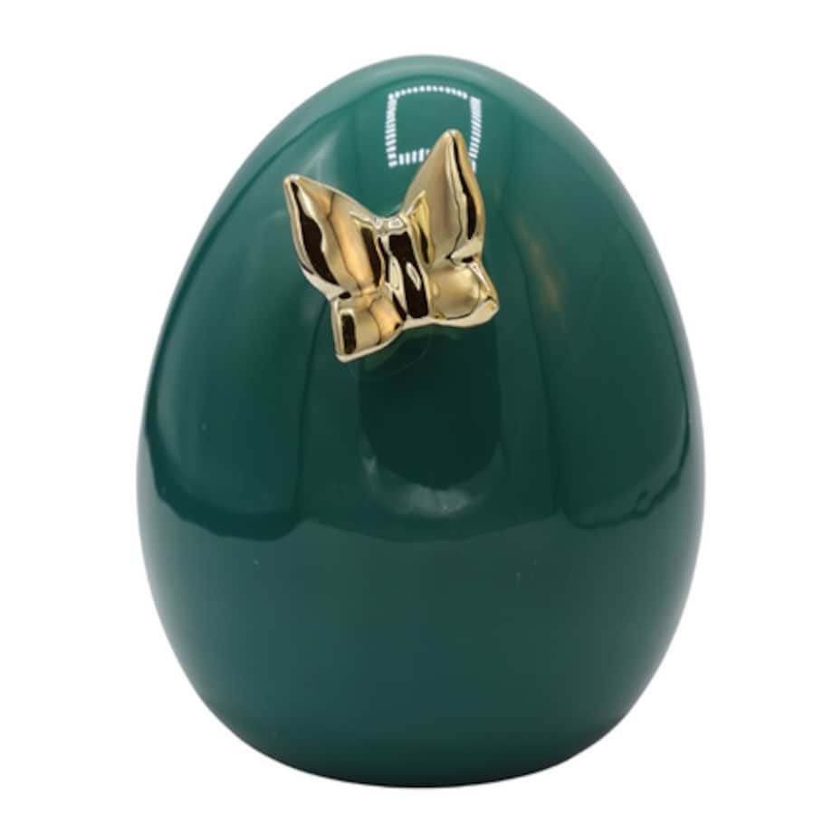 Dekoracja - zielone jajko ceramiczne 17,5x14x14 cm i złoty motylek