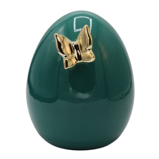 Dekoracja - zielone jajko ceramiczne 17,5x14x14 cm i złoty motylek