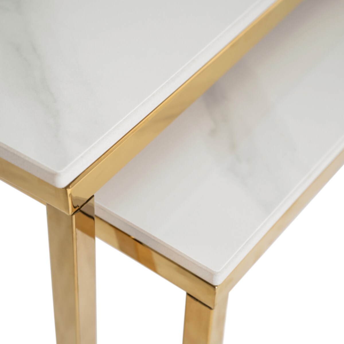 Stolik Kawowy Kwadratowy Zestaw 2w1 Ława Glamour Biały Marmur Złoty TENOR
