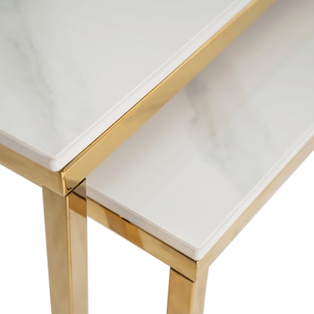 Stolik Kawowy Kwadratowy Zestaw 2w1 Ława Glamour Biały Marmur Złoty TENOR