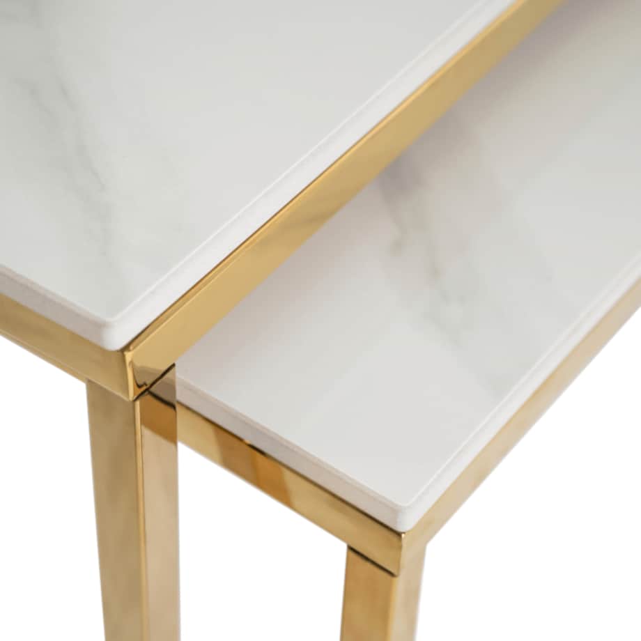 Stolik Kawowy Kwadratowy Zestaw 2w1 Ława Glamour Biały Marmur Złoty TENOR