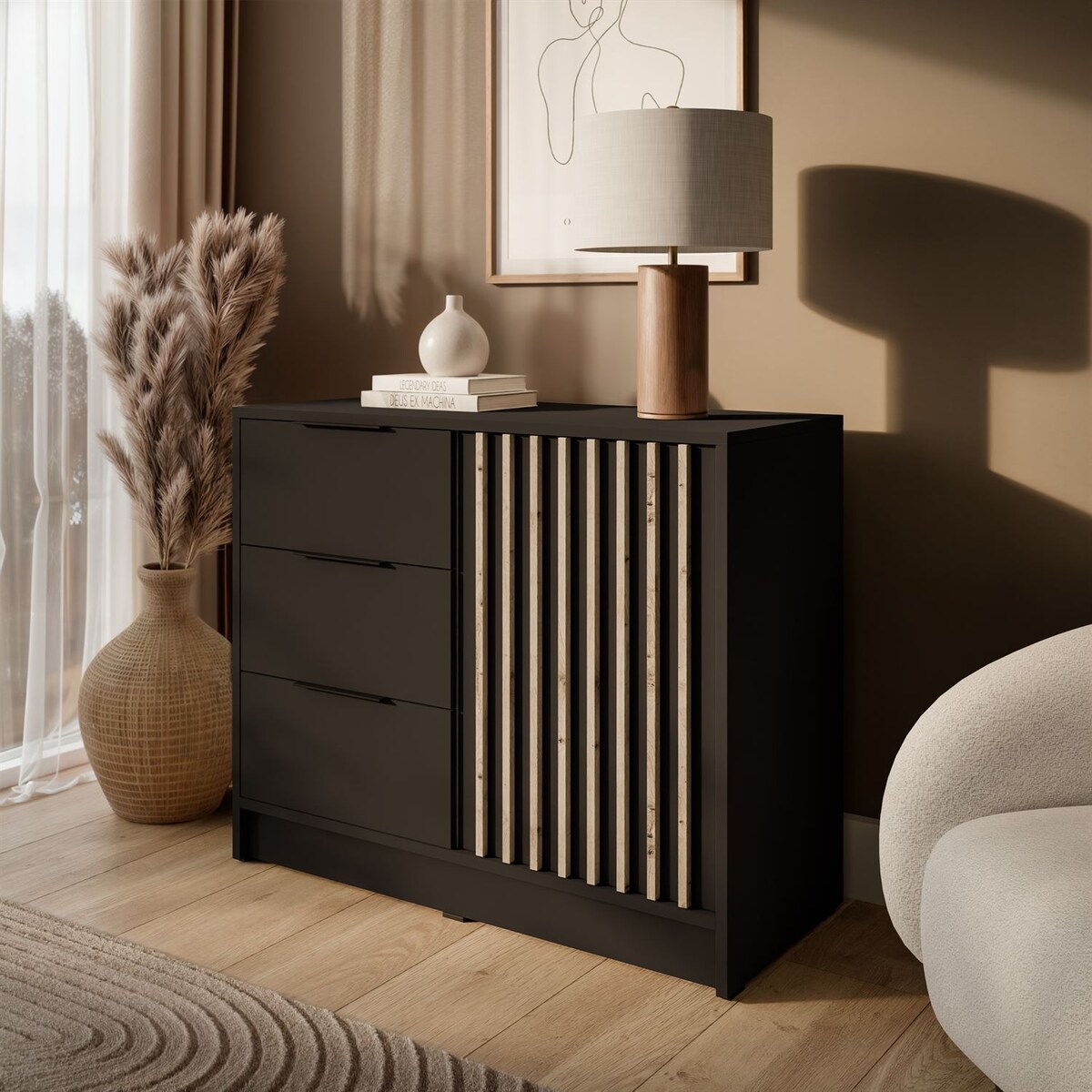 Komoda NELA 1D3S z lamelami, grafit + dąb artisan