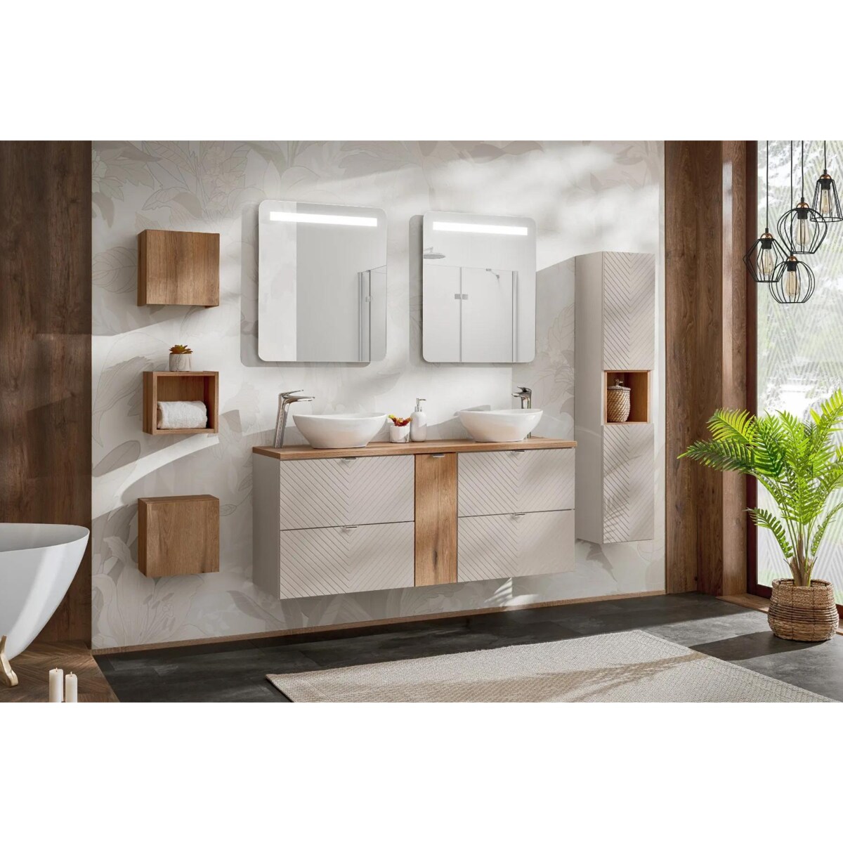 Szafka pod umywalkę nablatową VIVA CASHMERE 2S 60cmx2 kaszmirowy mat - zestaw 160cm z koszem na pranie