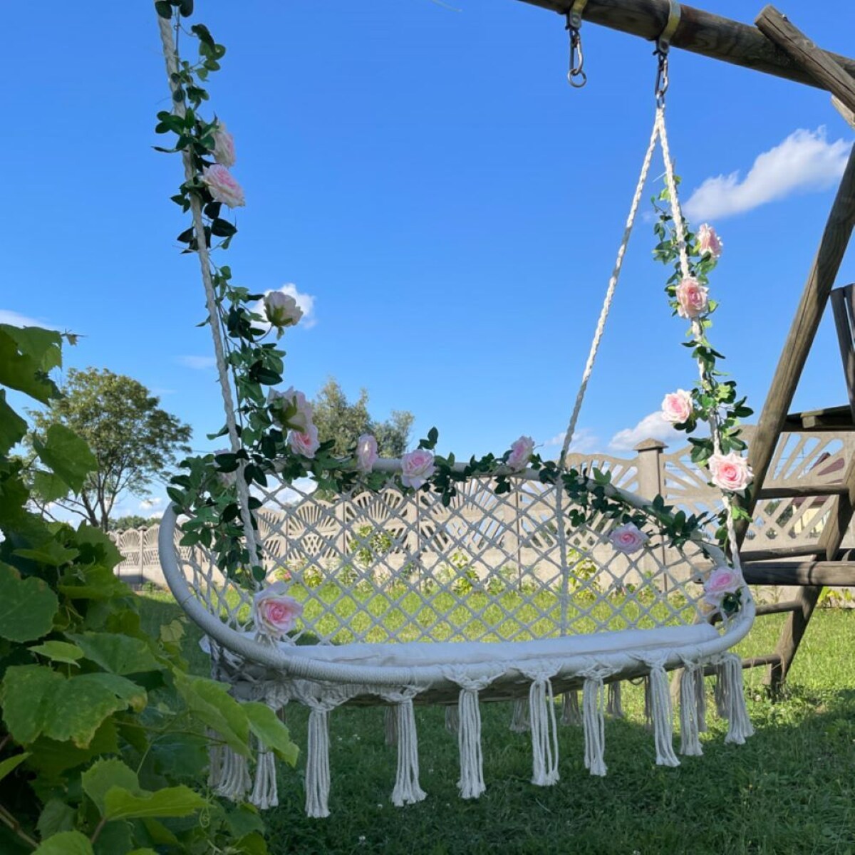 Fotel wiszący dwuosobowy Boho beżowy huśtawka