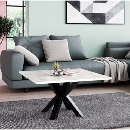 Stolik kawowy NEO kwadratowy 60x60 z metalową podstawą- marmur jasny