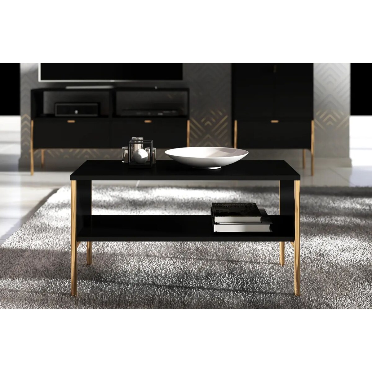 Elegancki czarny stolik kawowy Skandica POLKA na złotych nóżkach