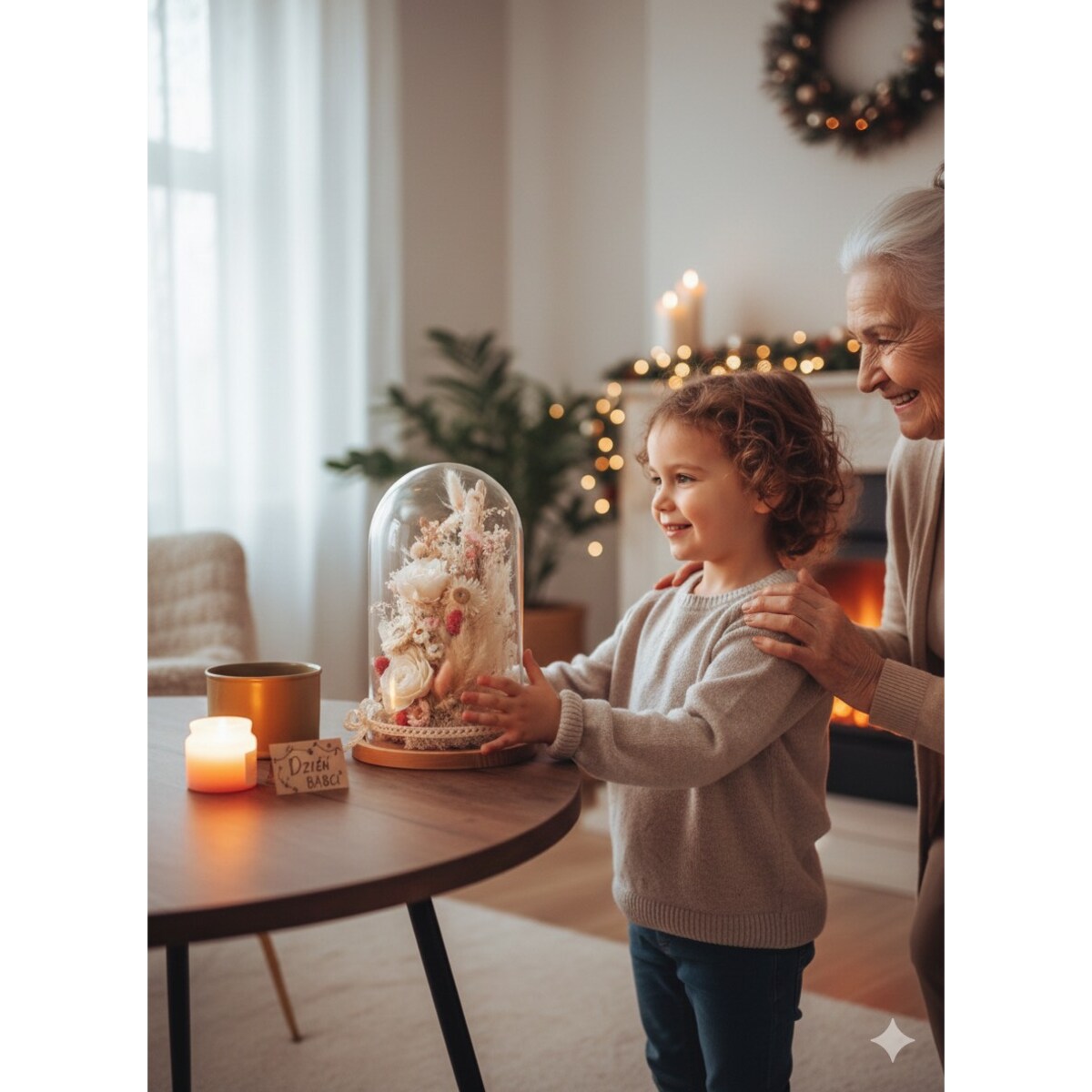 Szklana kopuła z bukietem suszonych i stabilizowanych kwiatów Dzień Dziadków