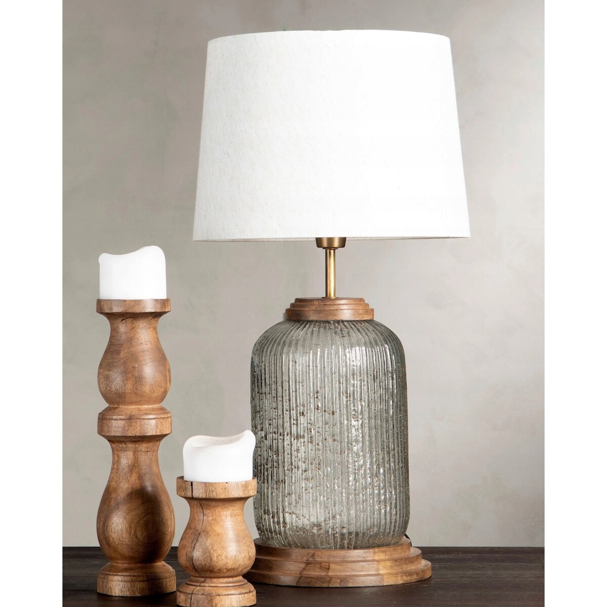 LAMPA STOŁOWA DUŻA 50cm BIURKOWA NOCNA BOHO E27 DREWNIANA SZKLANA DO SALONU