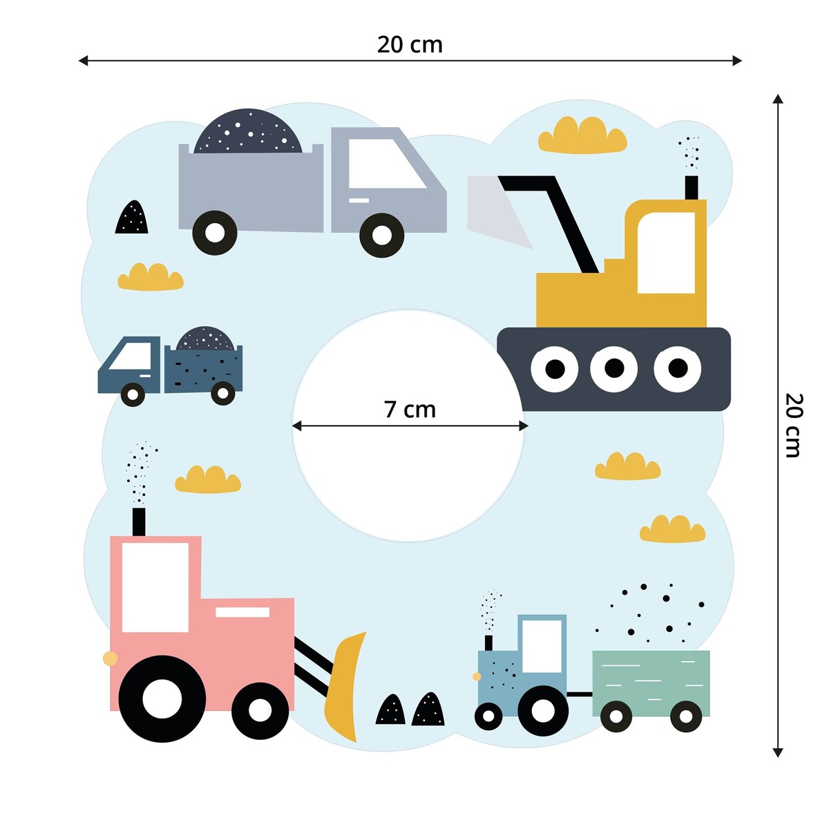 Naklejka Pod Kontakt Dla Dzieci Maszyny Budowlane Chmurki Styl Skandynawski 20x20cm