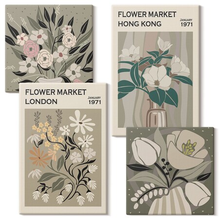 Zestaw 4 obrazów na płótnie - Kwiatowe ilustracje Londyn Hongkong boho - zielony