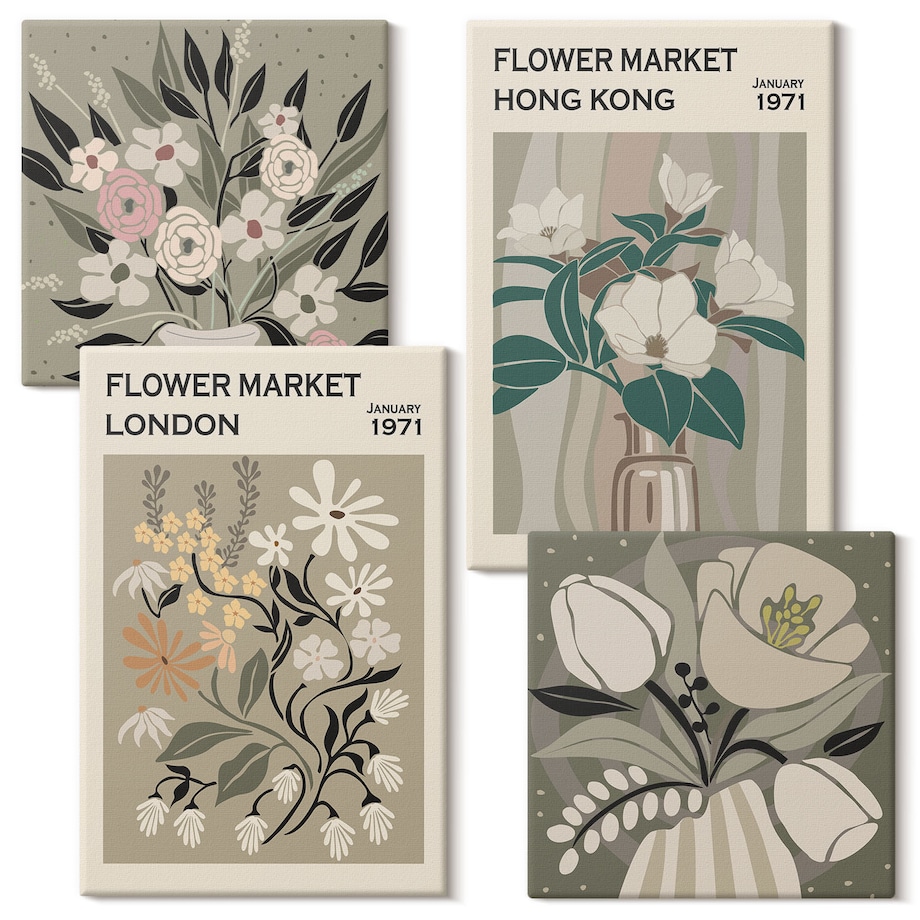 Zestaw 4 obrazów na płótnie - Kwiatowe ilustracje Londyn Hongkong boho - zielony