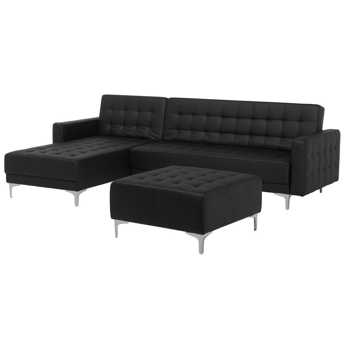 Narożnik rozkładany 4-osobowy z otomaną ekoskóra prawostronny czarny ABERDEEN