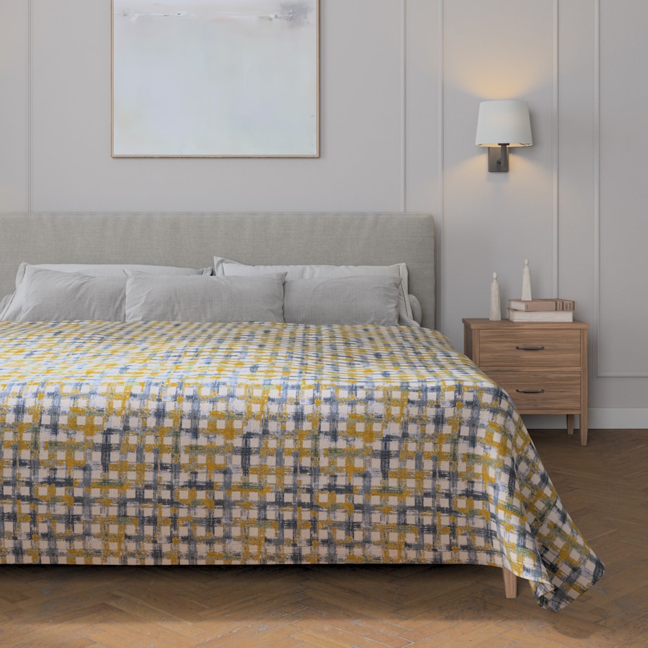 Pled narzuta 220x260cm 220x260 niebiesko-żółta krata na kremowym tle
