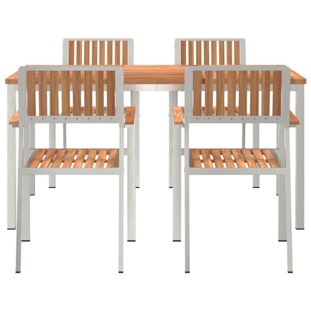 Zestaw do jadalni vidaXL 5 częściowy z litego drewna tekowego, Stół do jadalni na zewnątrz vidaXL 150x90x75 cm z litego drewna tekowego, Zestaw krzeseł ogrodowych vidaXL 4 sztuki z litego drewna tekowego i metalu