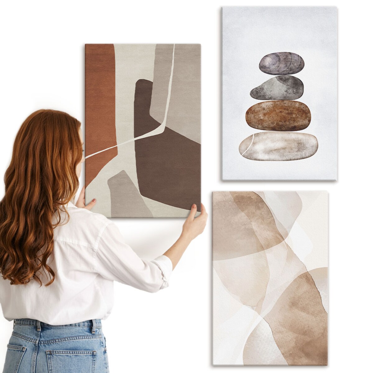 Zestaw 3 dużych obrazów na płótnie - Malarstwo abstrakcyjne nowoczesne - pomarańczowy