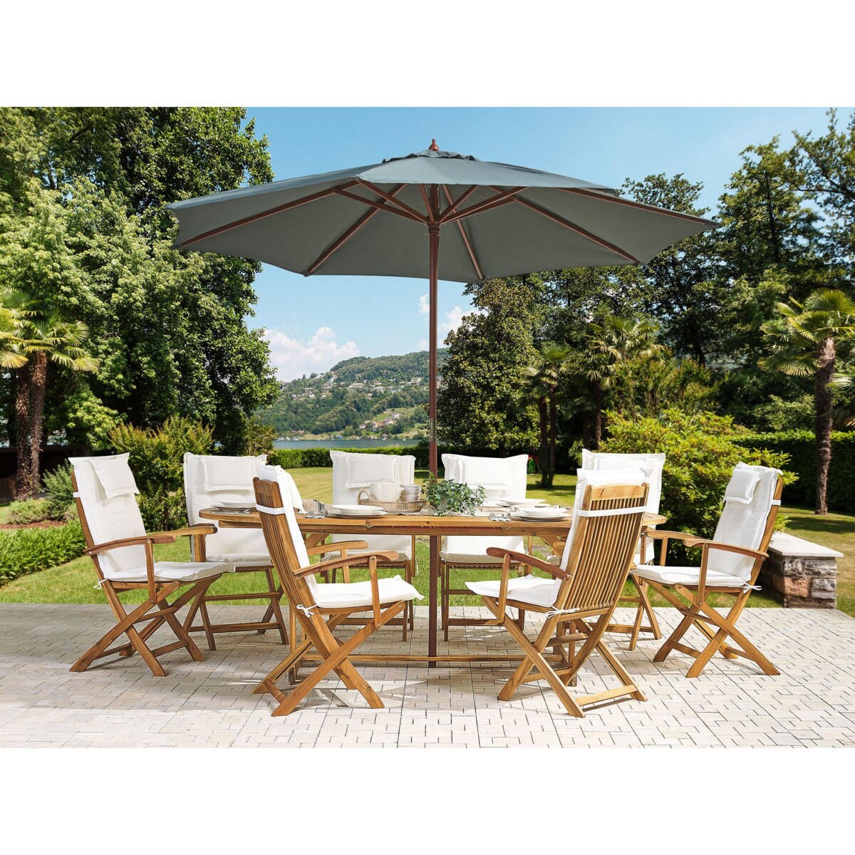 Zestaw ogrodowy drewniany stół z parasolem i 8 krzeseł z poduszkami złamana biel MAUI