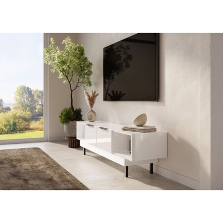 Elegancka biała komoda RTV Dancan ARTEMISA ze złotymi dodatkami / szer. 163 cm