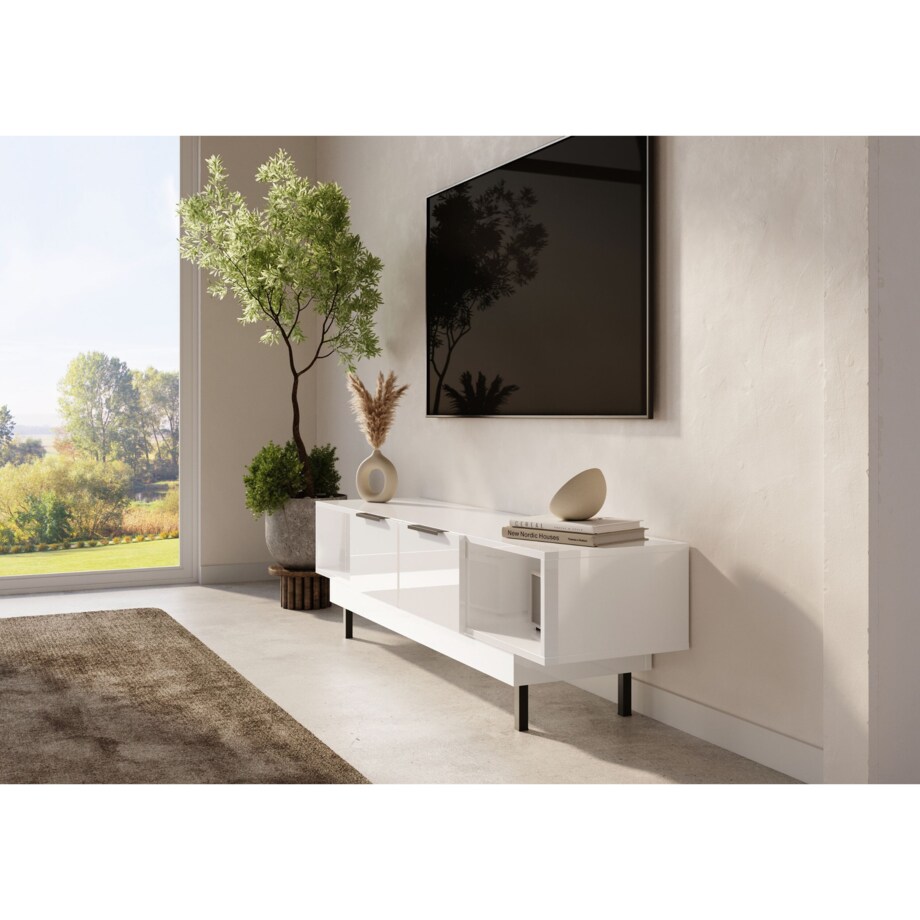 Elegancka biała komoda RTV Dancan ARTEMISA ze złotymi dodatkami / szer. 163 cm