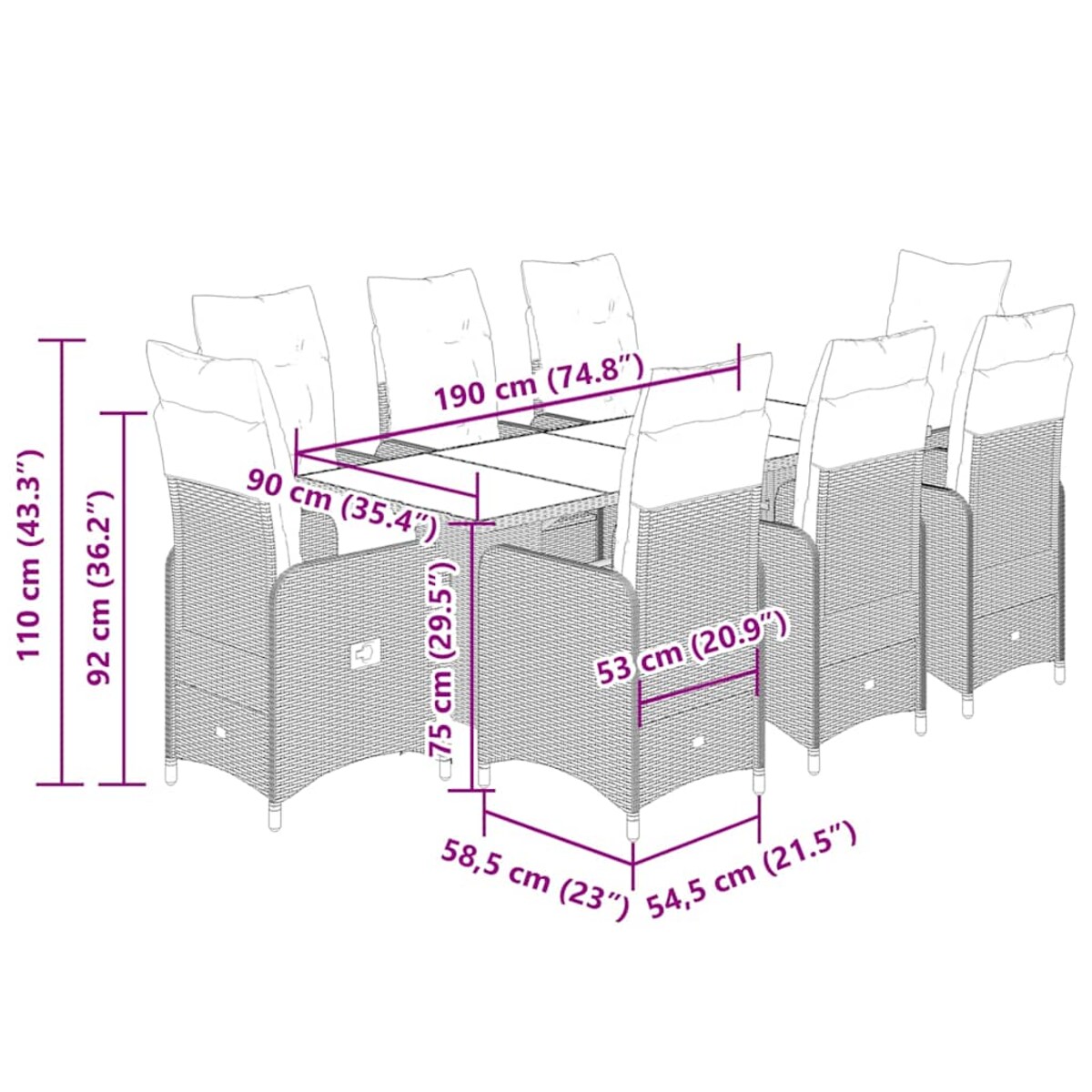 vidaXL 9-cz. zestaw mebli ogrodowych z poduszkami, szary, polirattan