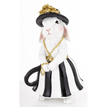 Dekoracja - biała króliczka w czarnym kapeluszu 17,5x10,5x10,5 cm spódniczka w pasy czarno-białe