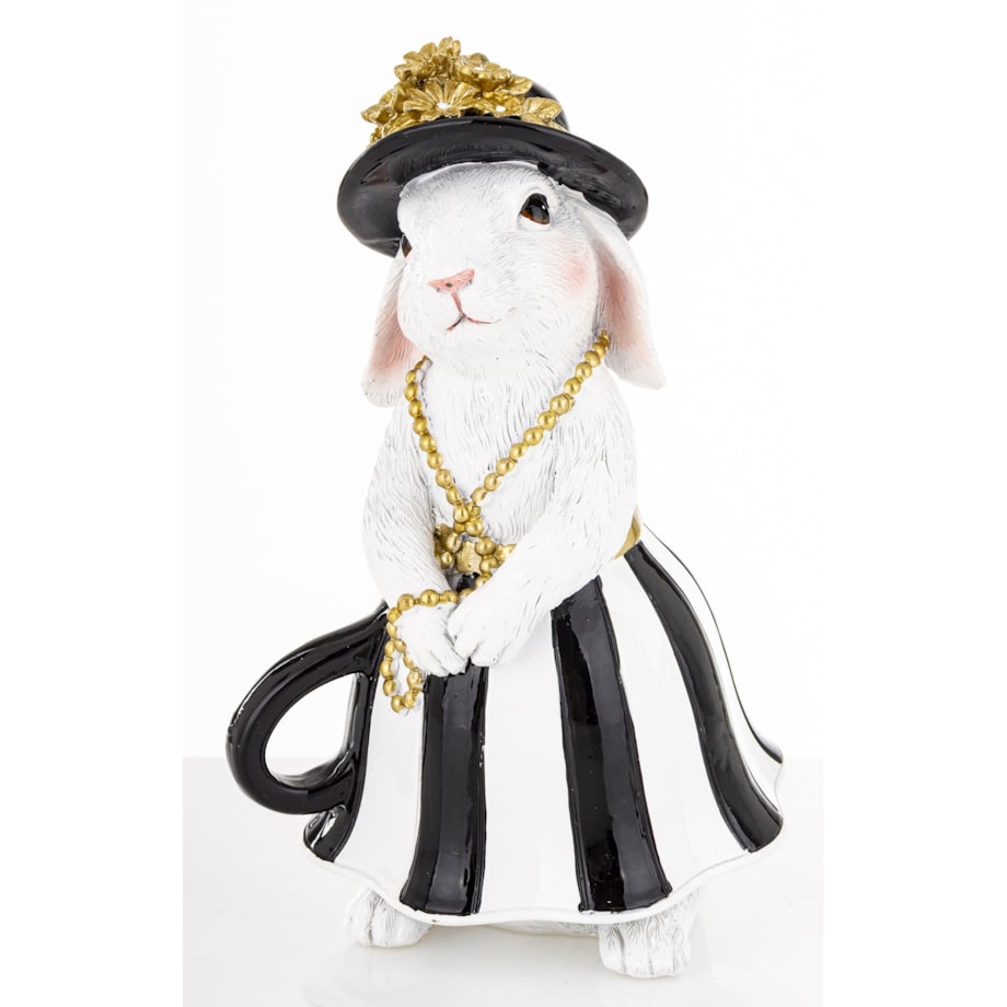 Dekoracja - biała króliczka w czarnym kapeluszu 17,5x10,5x10,5 cm spódniczka w pasy czarno-białe