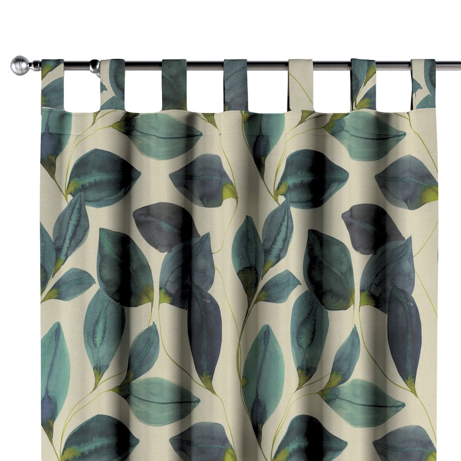 Zasłona na szelkach 1 szt. 130x245 liście w kolorze szmaragdowej zieleni z fioletem na lnianym tle