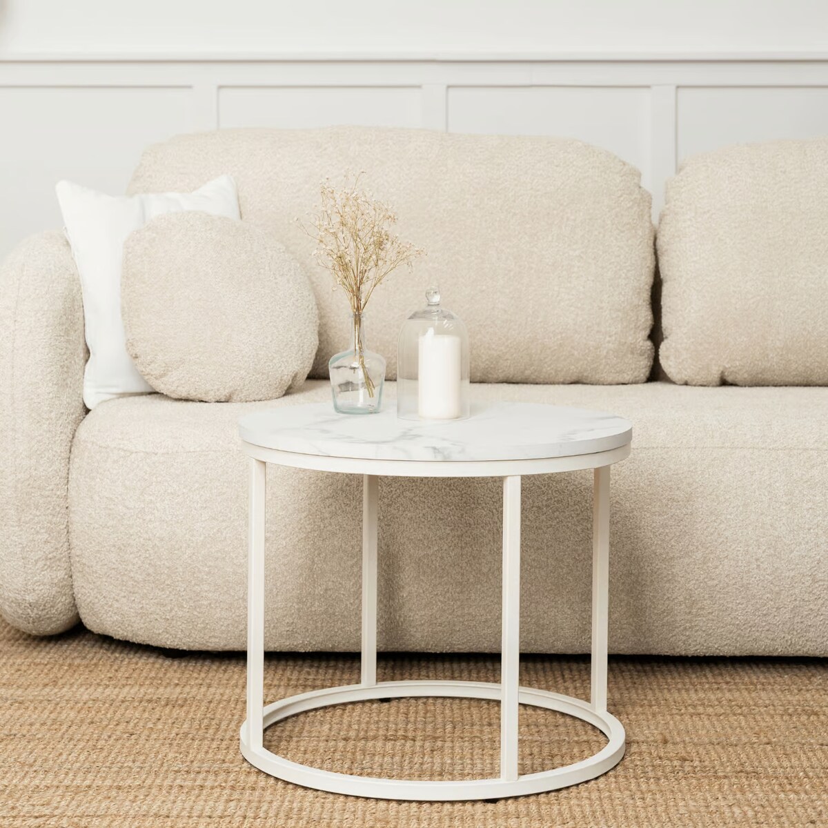 Stolik Kawowy Okrągły Loft Biały Marmur Mały Ława Okrągła Biała Mała AGNES