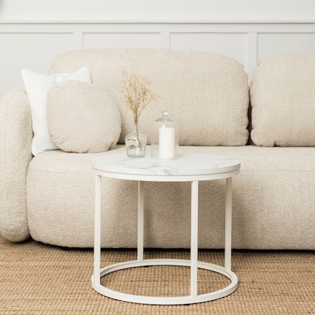 Stolik Kawowy Okrągły Loft Biały Marmur Mały Ława Okrągła Biała Mała AGNES