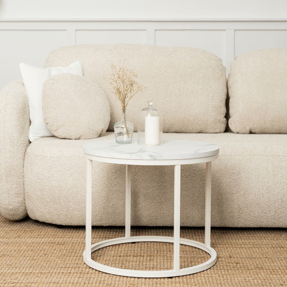 Stolik Kawowy Okrągły Loft Biały Marmur Mały Ława Okrągła Biała Mała AGNES