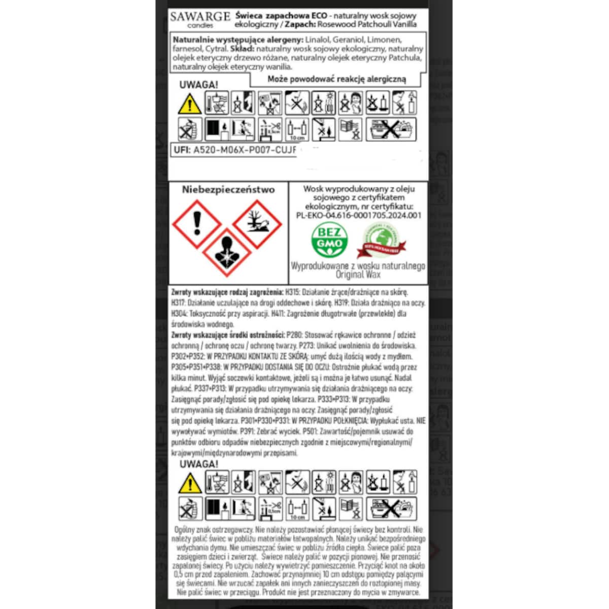Ekologiczna Świeca Zapachowa Sojowa /70h/Rosewood Vanilla Patchouli 800 g