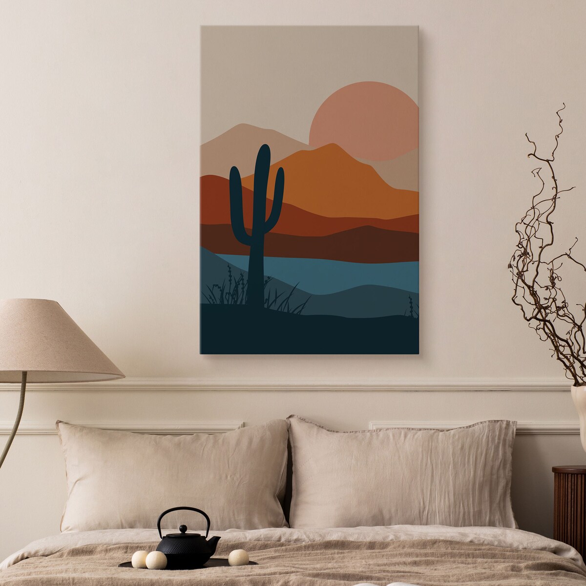DUŻY OBRAZ DO SALONU AKWARELE PUSTYNIA GÓRY ZACHÓD KAKTUSY 80x120cm
