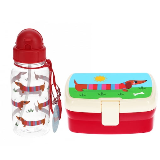 Zestaw do szkoły: bidon ze słomką 500 ml + Lunchbox z tacką Jamniki, Rex London