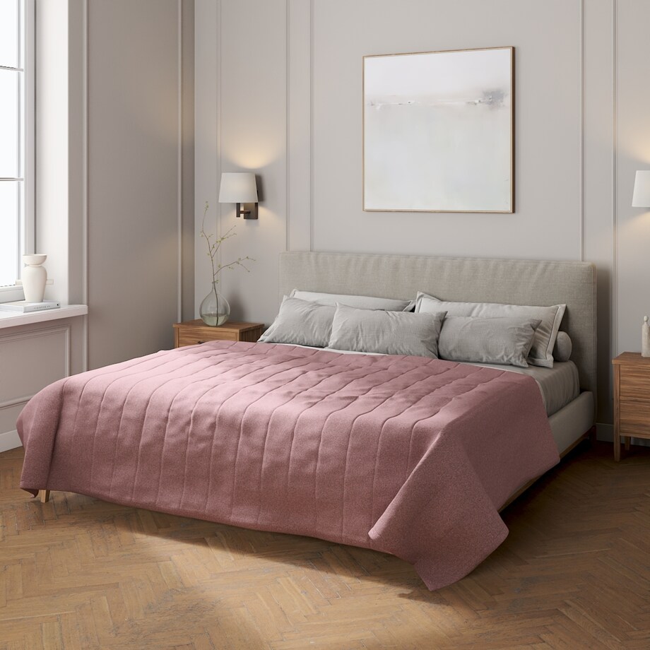 Narzuta pikowana w pasy 200x210 różowy z czarną nitką