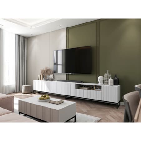 Szafka RTV Loft Biały MAT Komoda RTV Glamour Ryflowane fronty 150 cm Czarna Rama metalowa