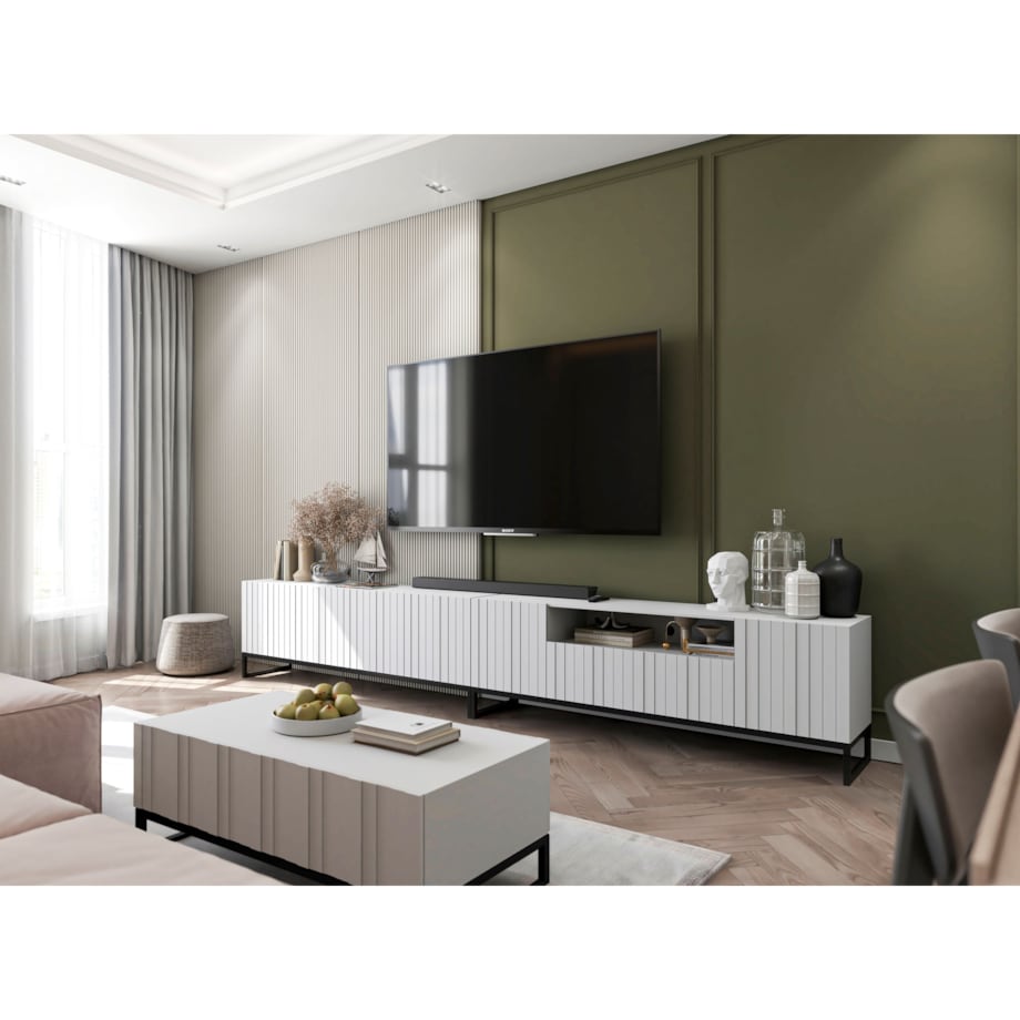 Szafka RTV Loft Biały MAT Komoda RTV Glamour Ryflowane fronty 150 cm Czarna Rama metalowa