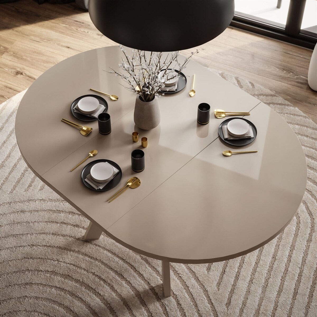 Okrągły stół rozkładany VOLTA GLOSS, nogi kaszmir, blat kaszmir