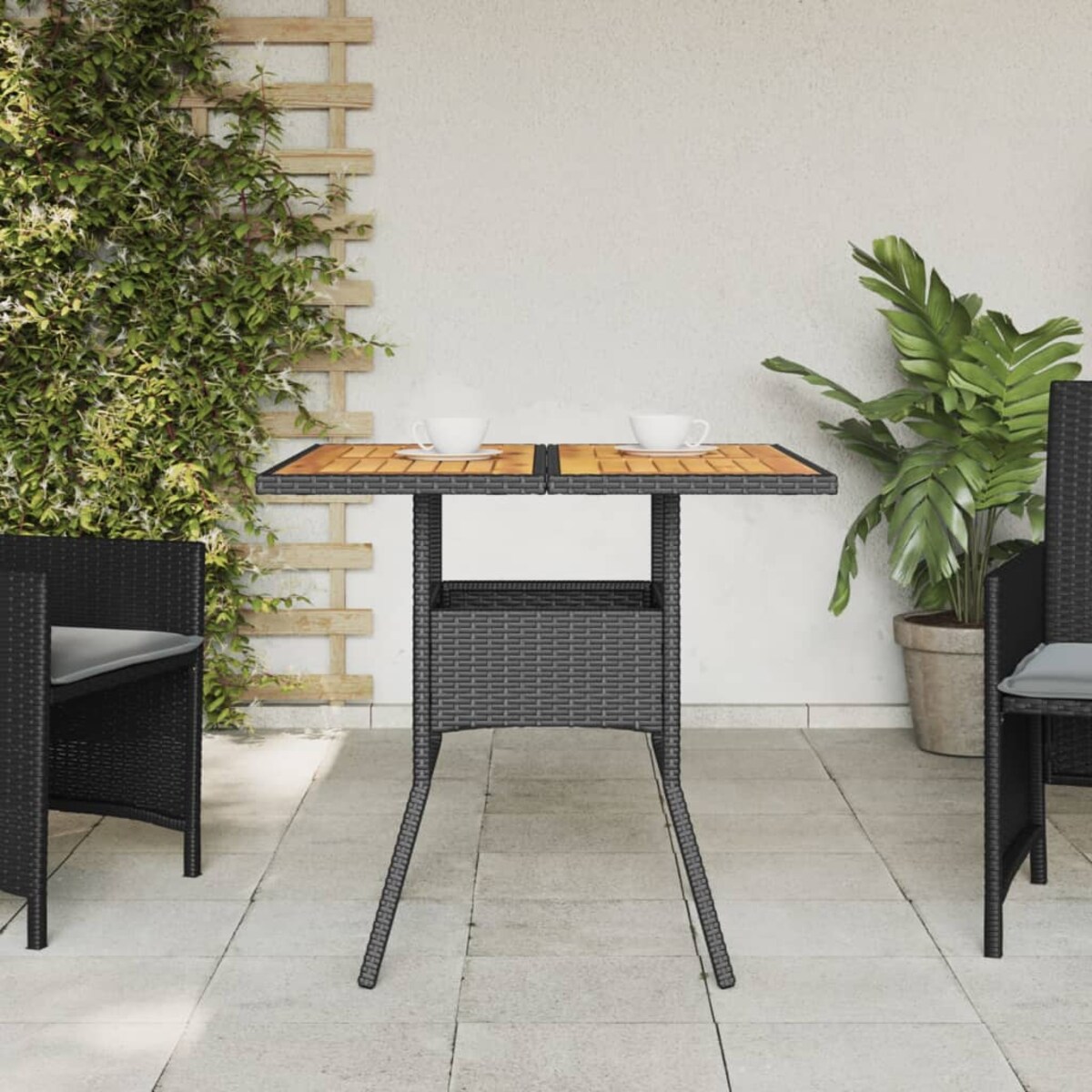 vidaXL Stół ogrodowy z akacjowym blatem, czarny, 80x80x75cm, rattan PE