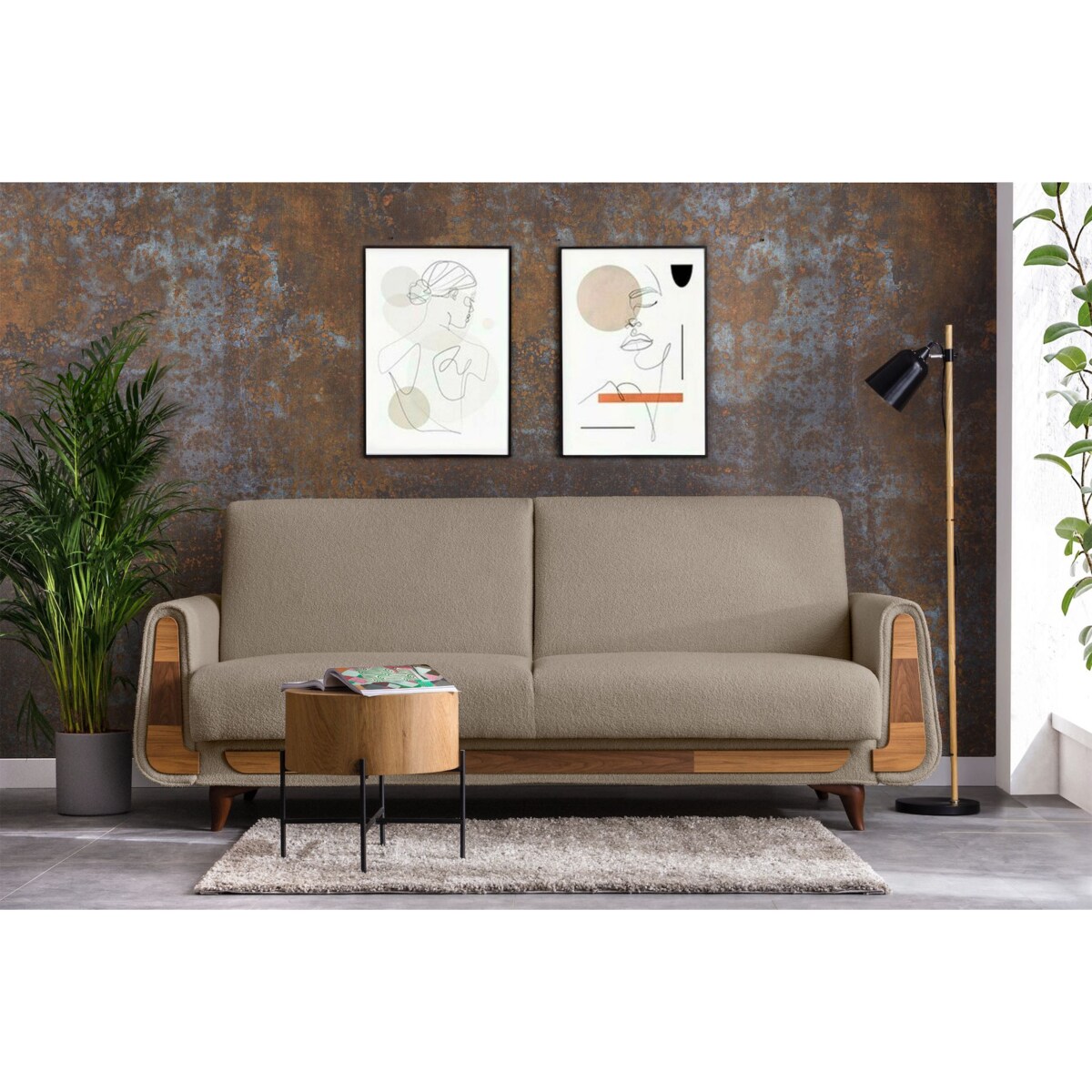 KONSIMO GUSTAVO Sofa trzyosobowa wykonana z ciemnobeżowej tkaniny boucle