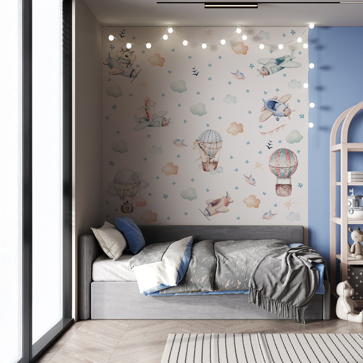 Naklejki Ścienne Dla Dzieci Samoloty Balony Zwierzątka Gwiazdy Ptaki ZESTAW 60x30cm