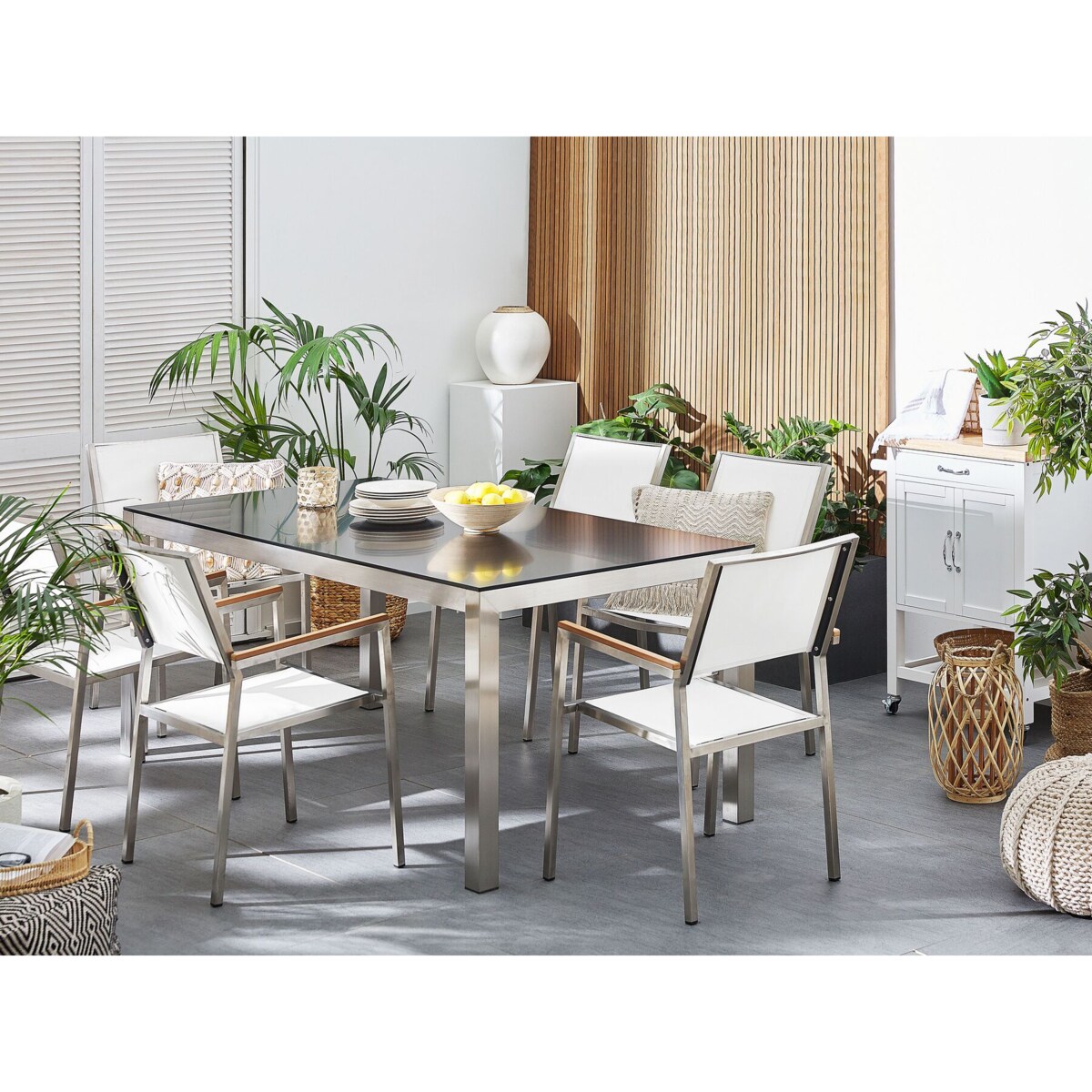 Zestaw ogrodowy stół granitowy czarny i 6 krzeseł białych GROSSETO