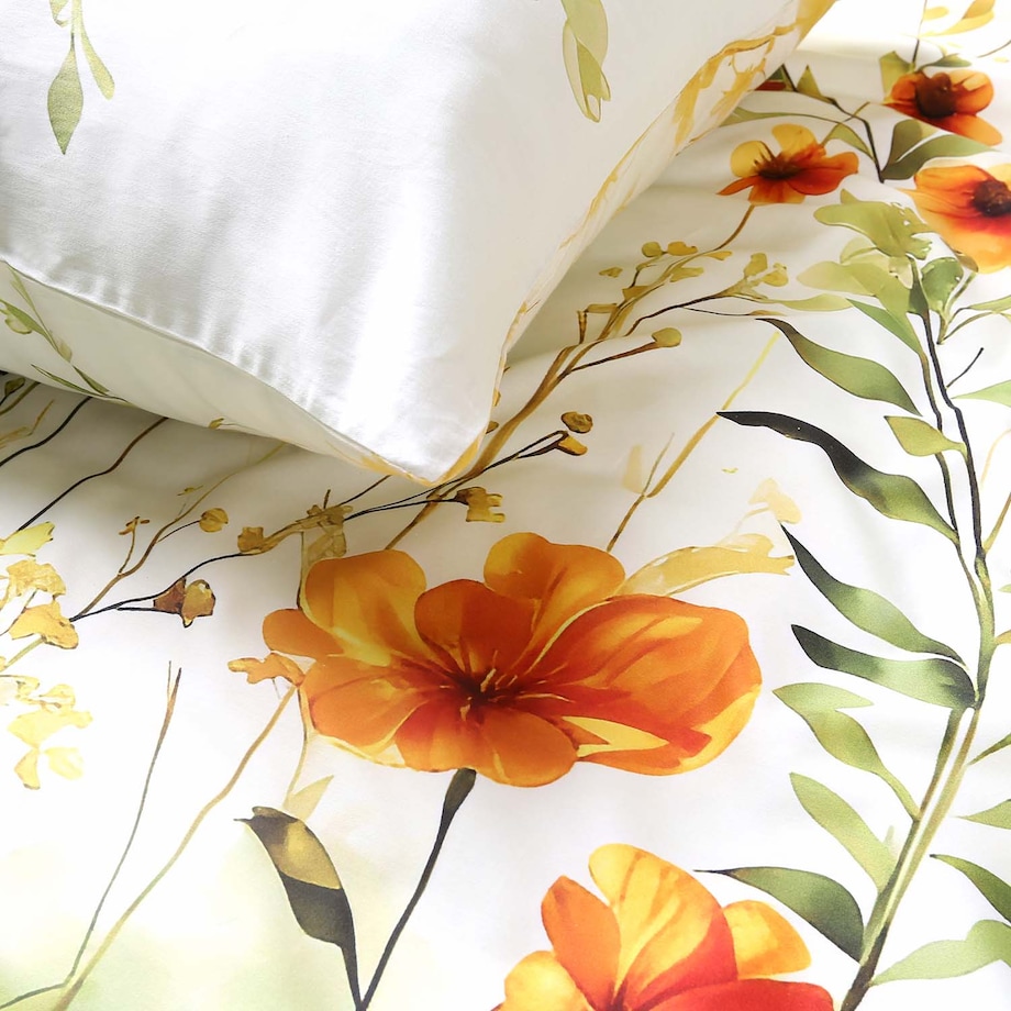 Pościel satyna bawełniana 160x200 Solaia kremowa, kwiatowa zielona łąka, Satynlove Premium