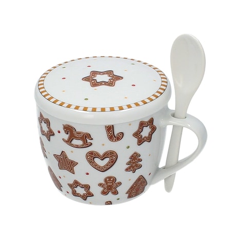 Kubek porcelanowy Gingerjoy 600 ml boże narodzenie, święta, świąteczne, biały-pomarańczowy-brązowy, 17x13x11 cm