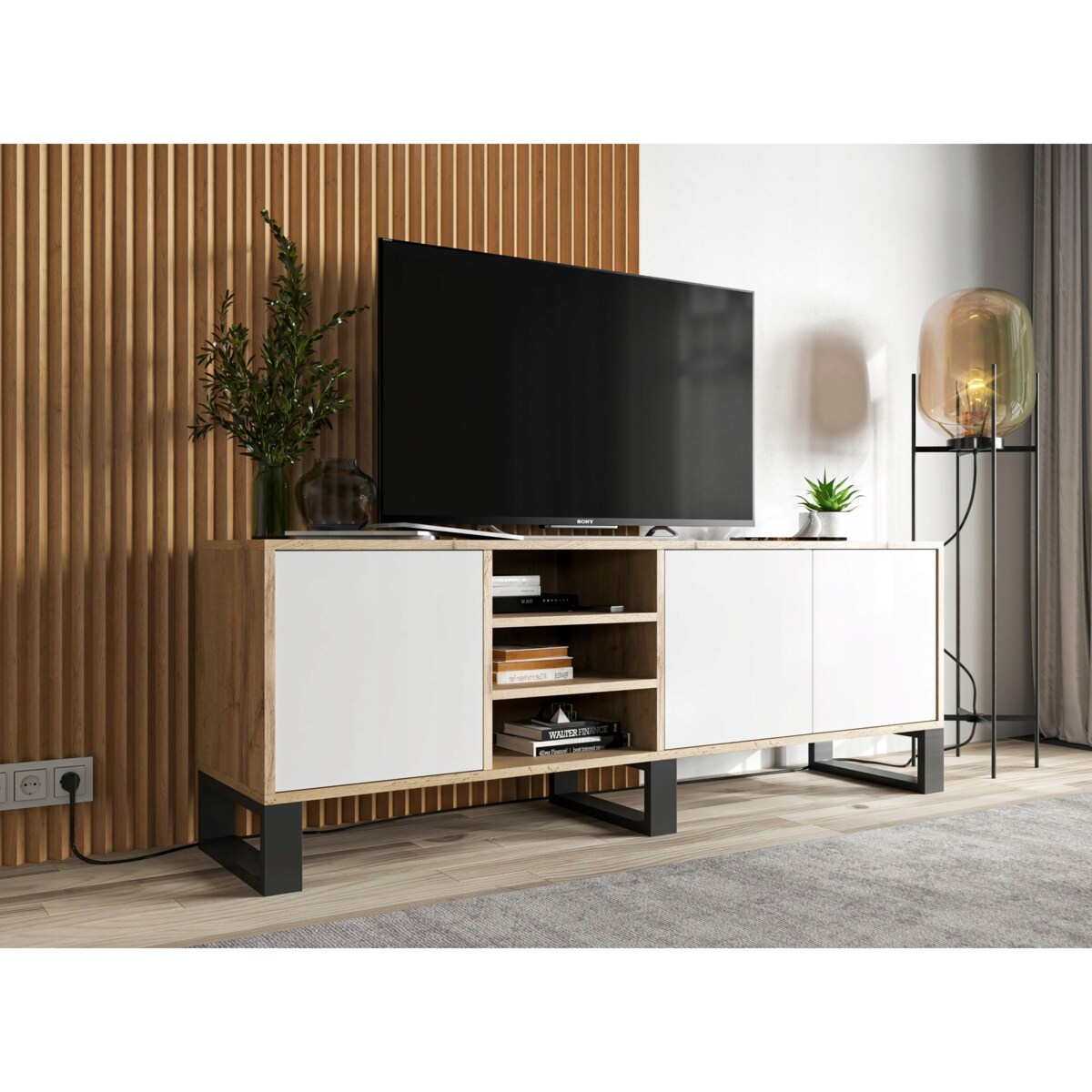 Nowoczesna Szafka RTV Loft Komoda RTV Loft 150 cm Dąb Wotan Biały MAT