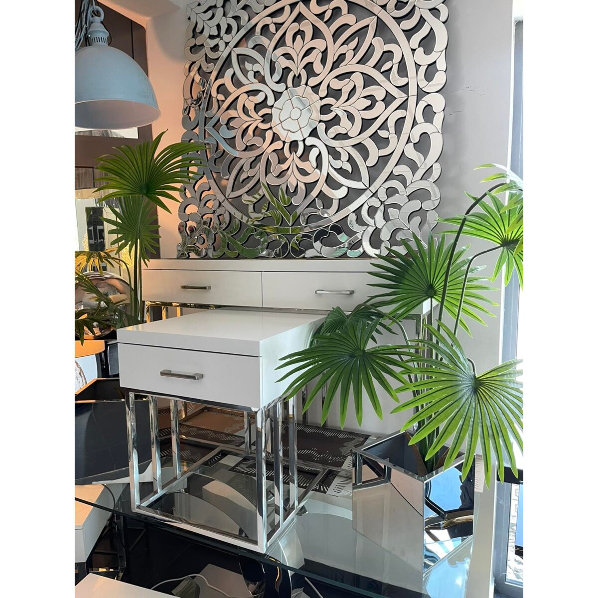 Biały srebrny stolik kawowy/ ława Biała Milano 120x70x45 / 2 pojemne szuflady