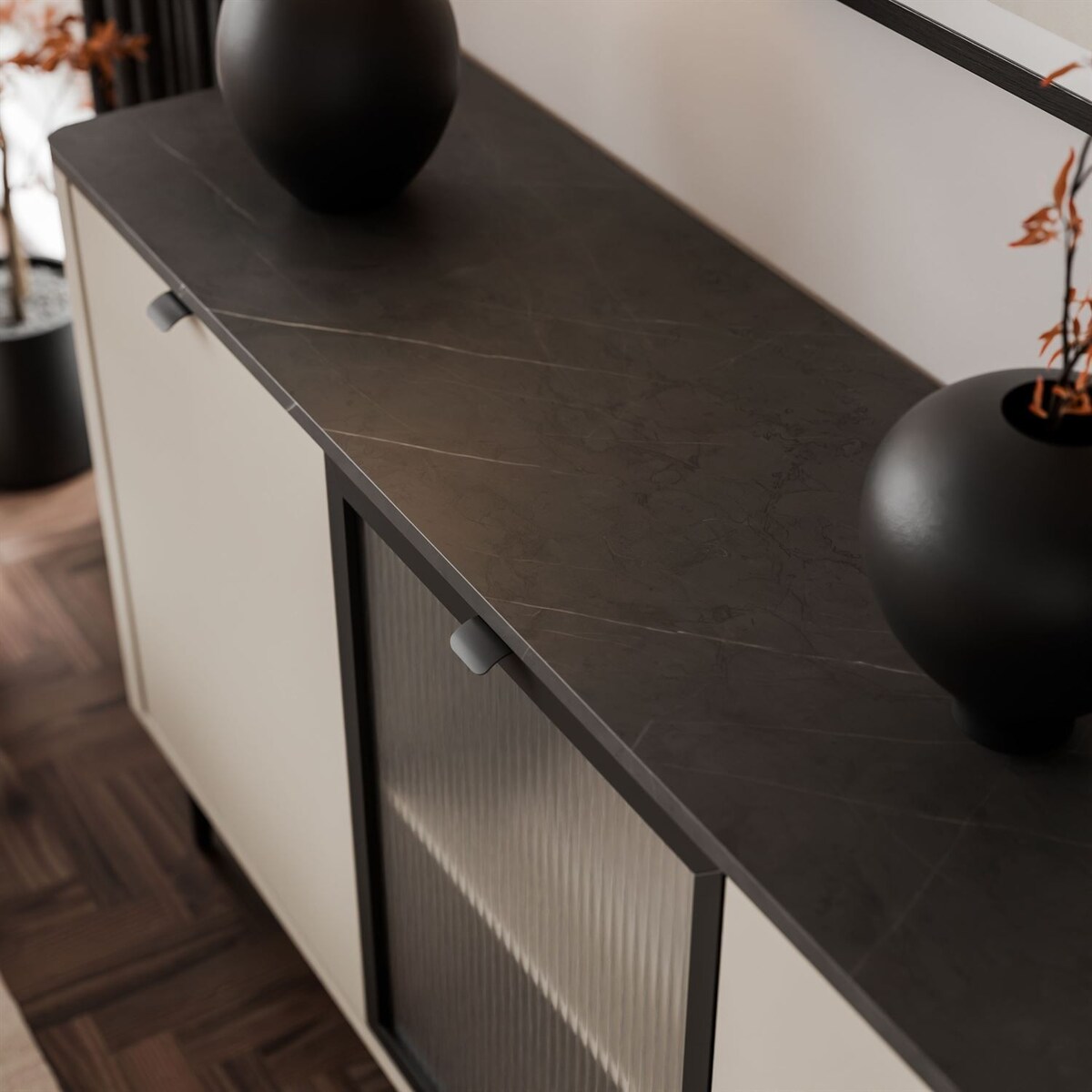 Komoda na nóżkach AUTUMN 2D1W z przeszklonym frontem, kaszmir / szary kmaień